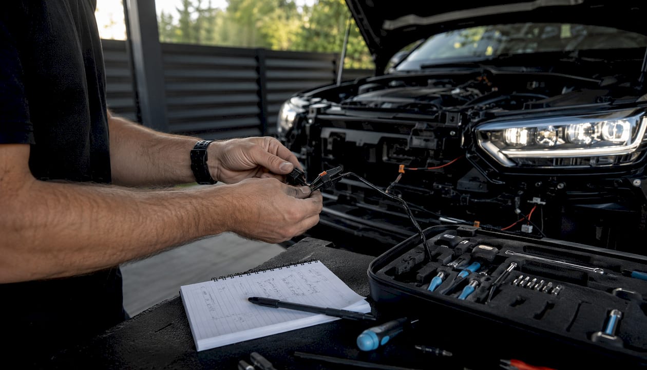 Hands wiring aftermarket LED headlight harness