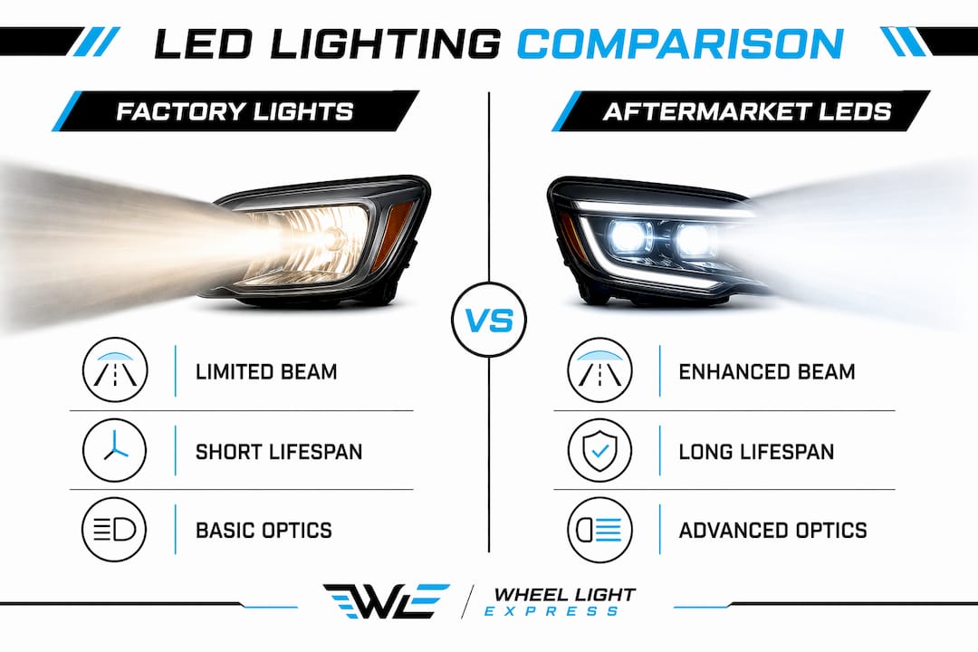 Infographic comparing aftermarket LEDs and factory lights