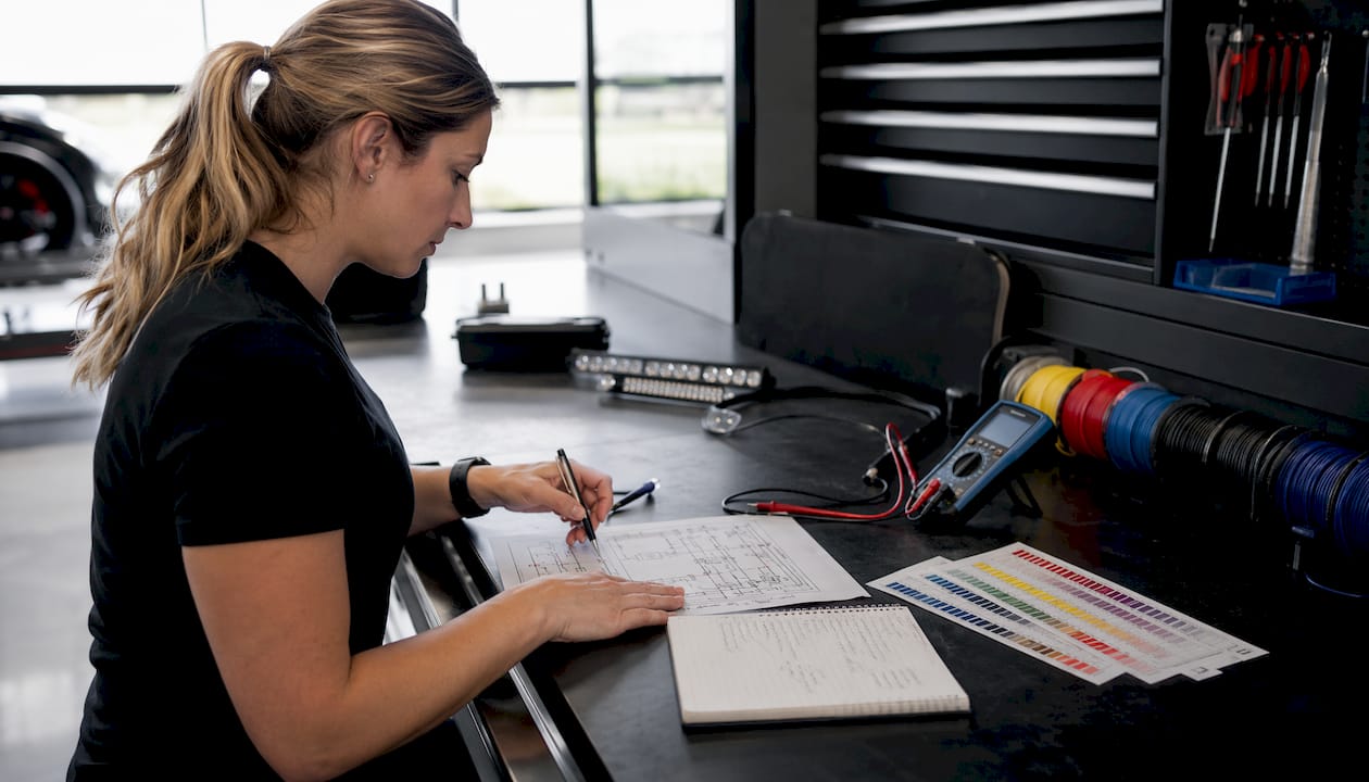 Hands calculating amperage for truck lights