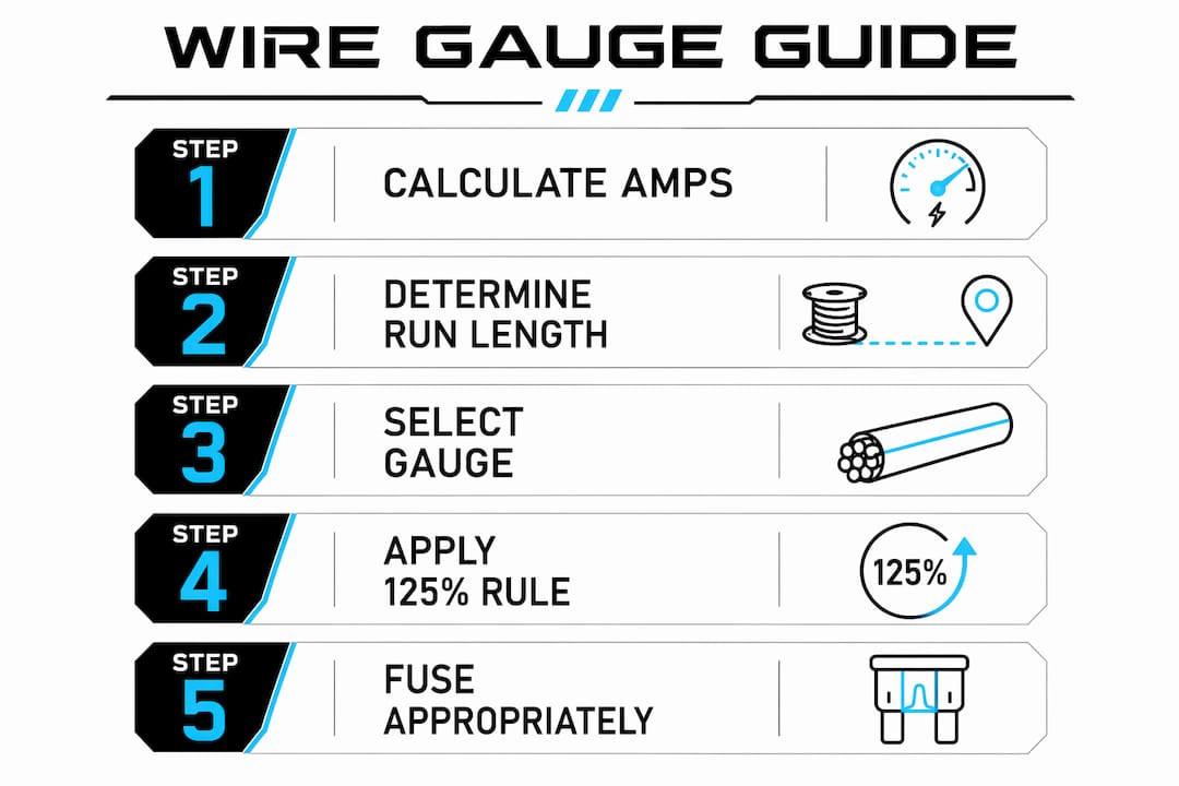 Infographic showing wire gauge selection steps for truck lights