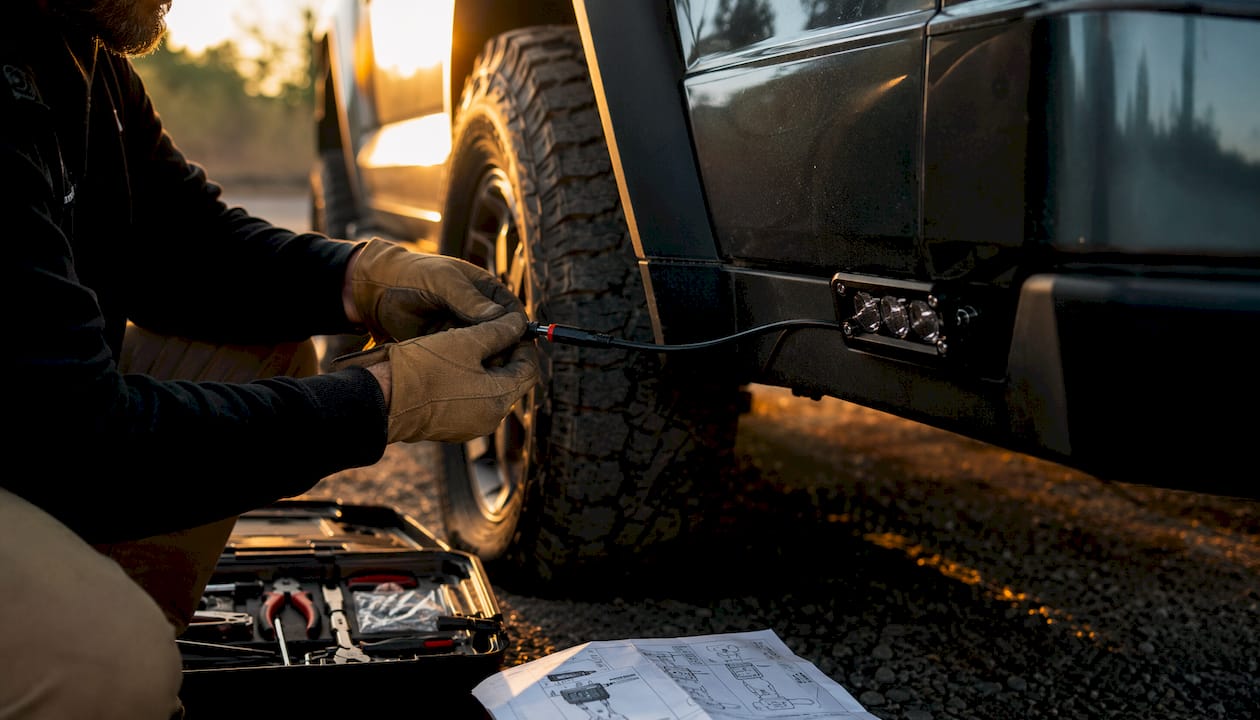 Hands connecting truck LED light wiring outdoors