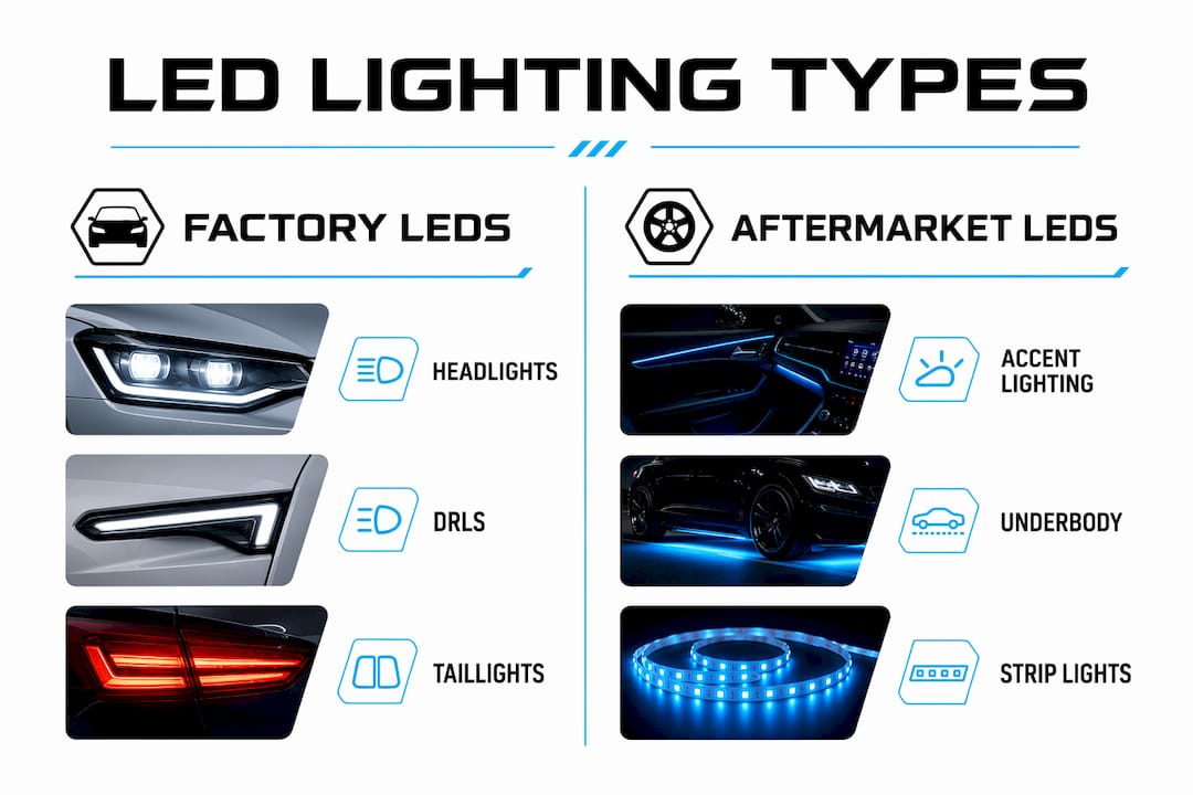 Infographic comparing factory and aftermarket vehicle LEDs