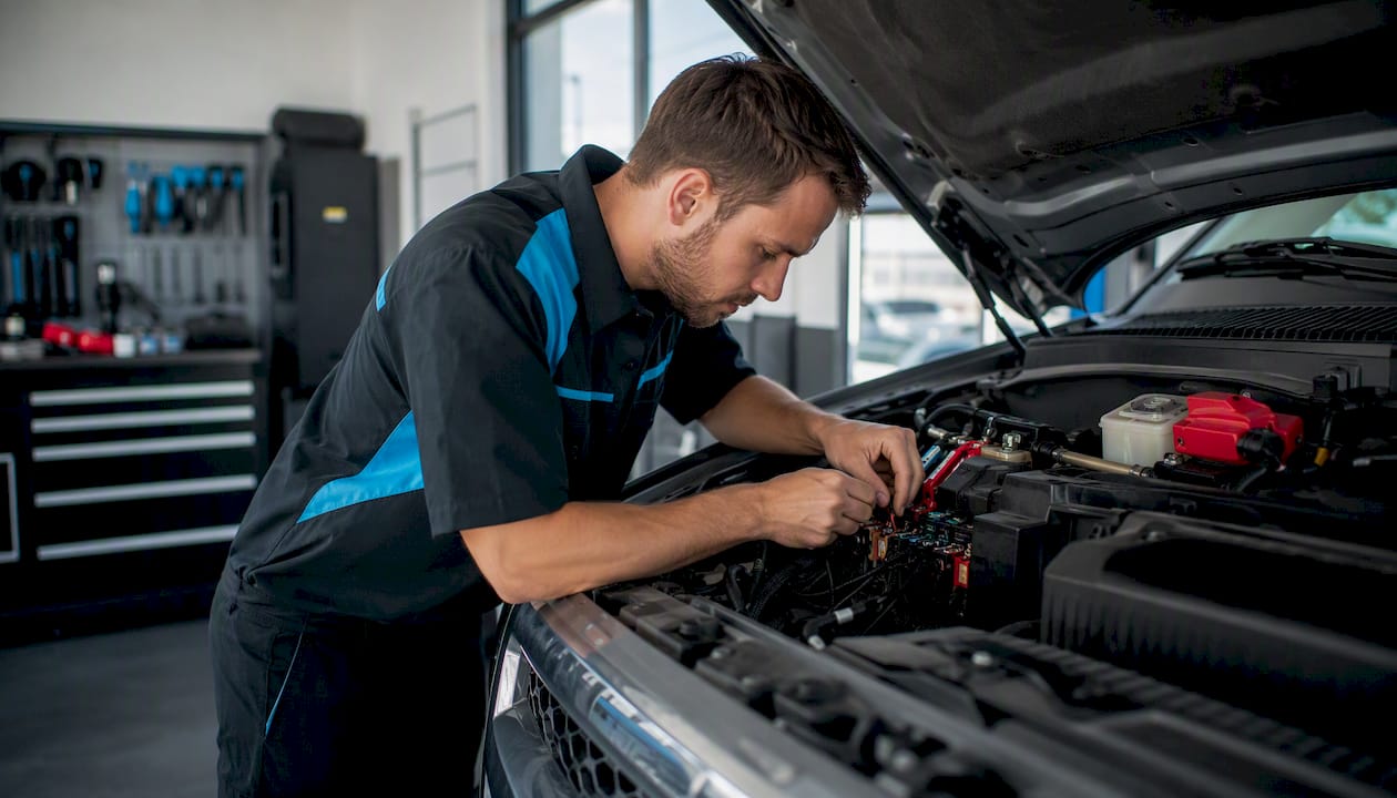 Hands installing truck-specific wiring harness outdoors