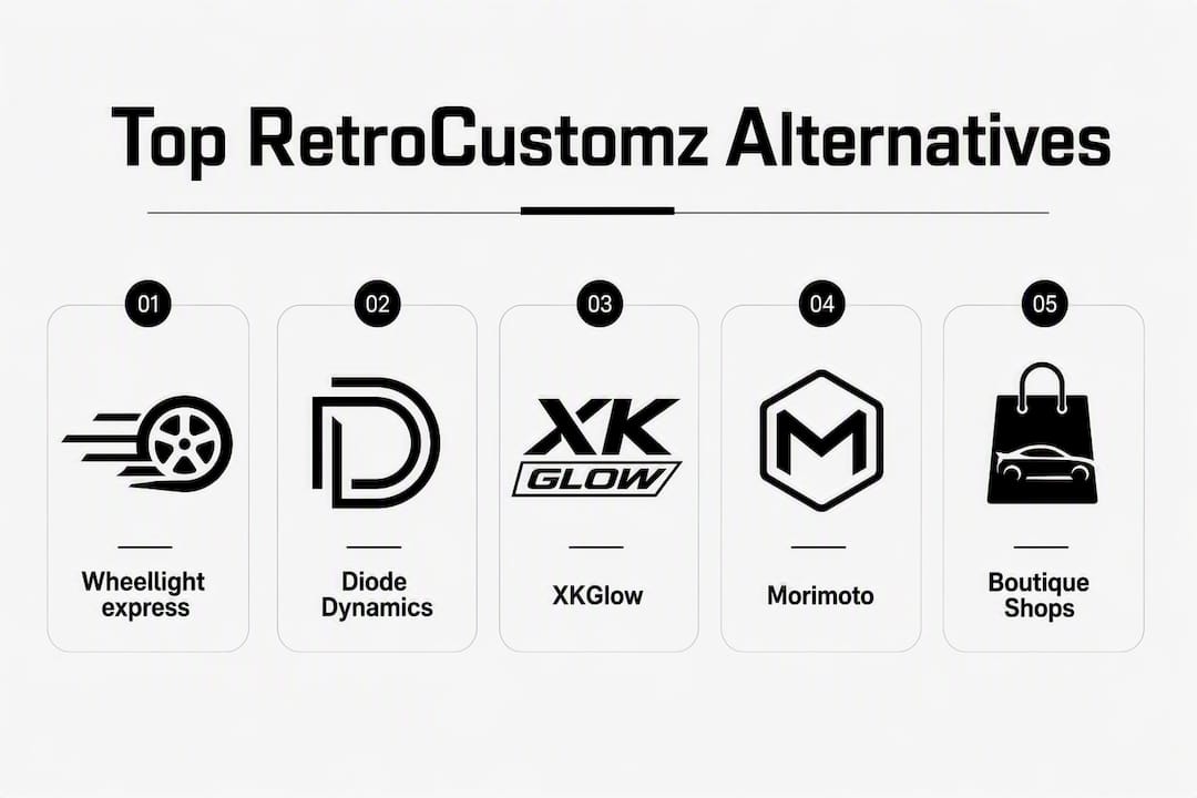 Infographic showing ranked alternatives to Retrocustomz.com for truck lighting