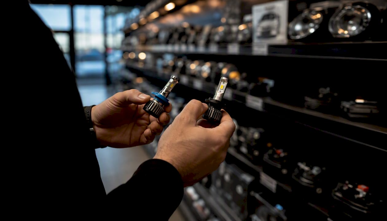 Customer comparing LED vehicle lights in store aisle