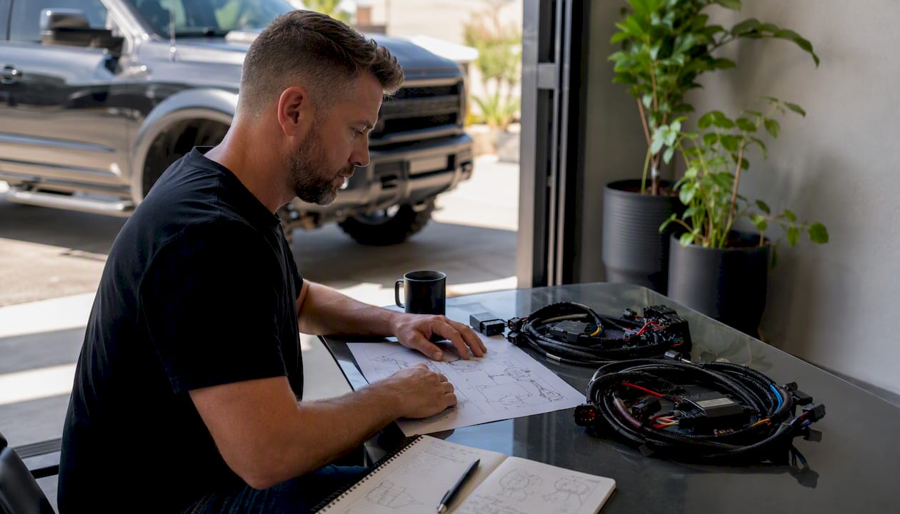 Overhead view of truck lighting harnesses with fitment diagrams outdoors