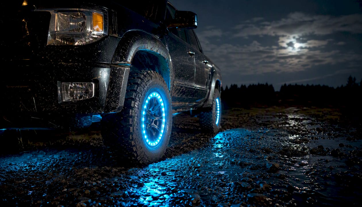 Off-road truck wheels glowing with waterproof LED lights