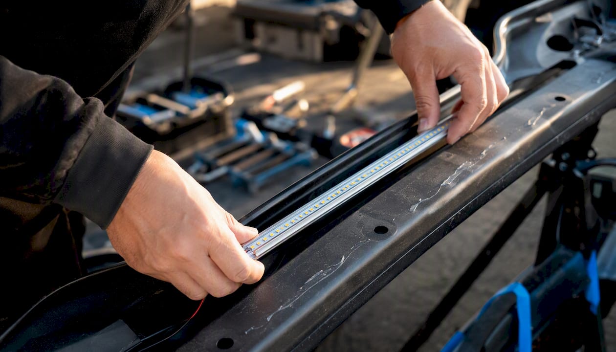 Hands installing LED strip heat sinking aluminum channel