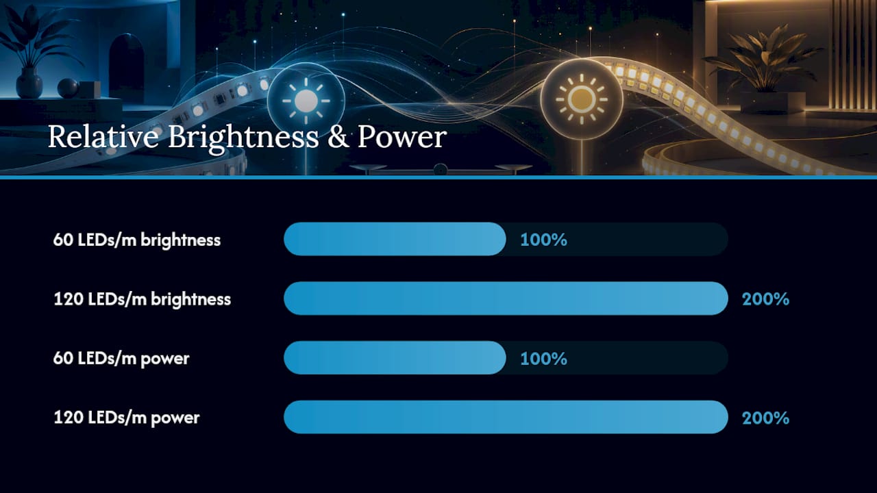 Diagram comparing brightness and power of 60 and 120 LED strips