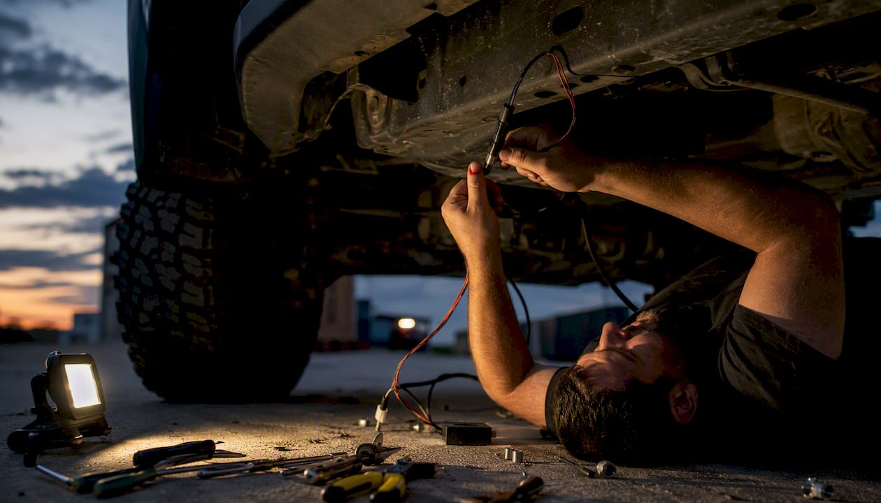 Hands wiring LED underglow harness under truck