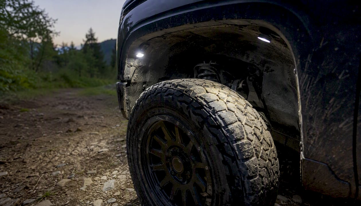 Wheel well rock lights mounted at 10 and 2 o'clock positions