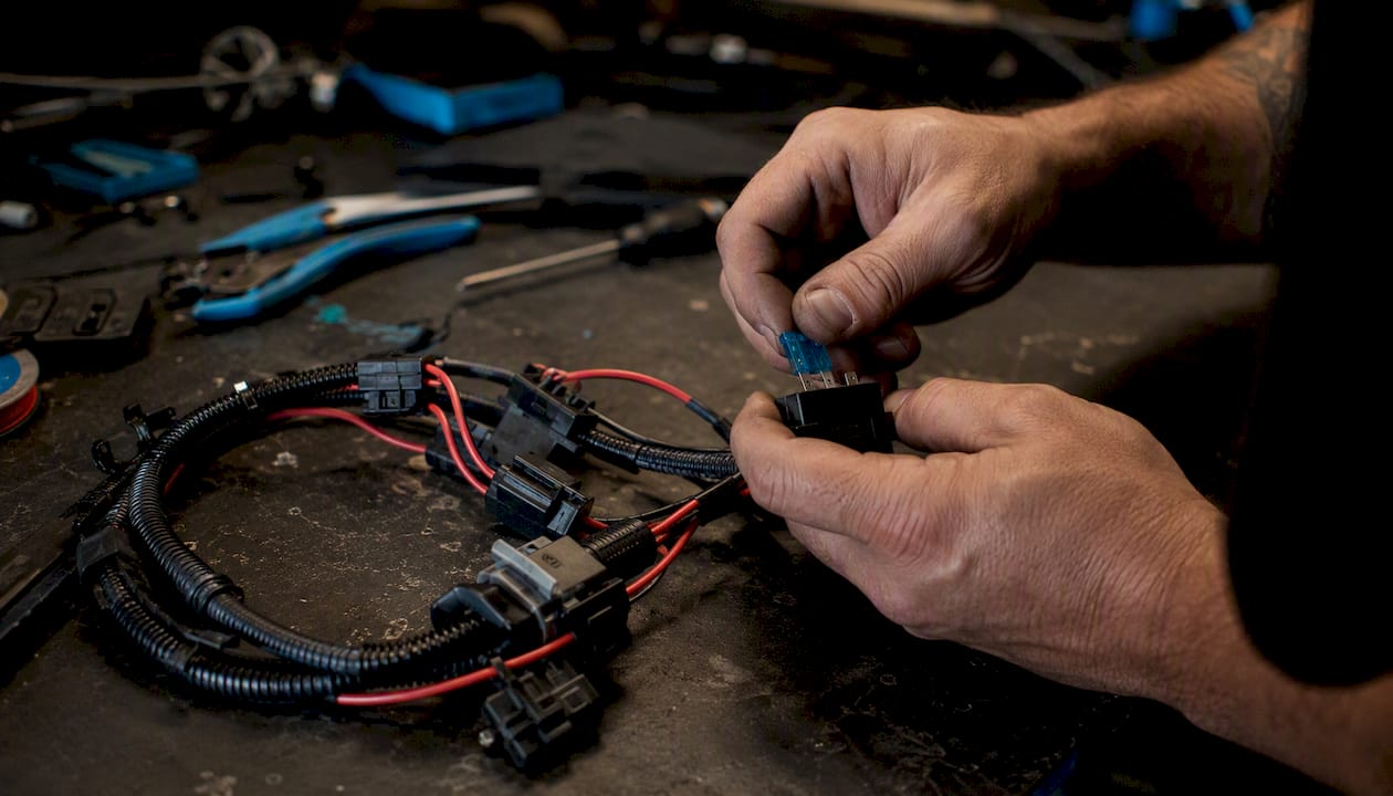 Hands assembling fused wire harness close-up