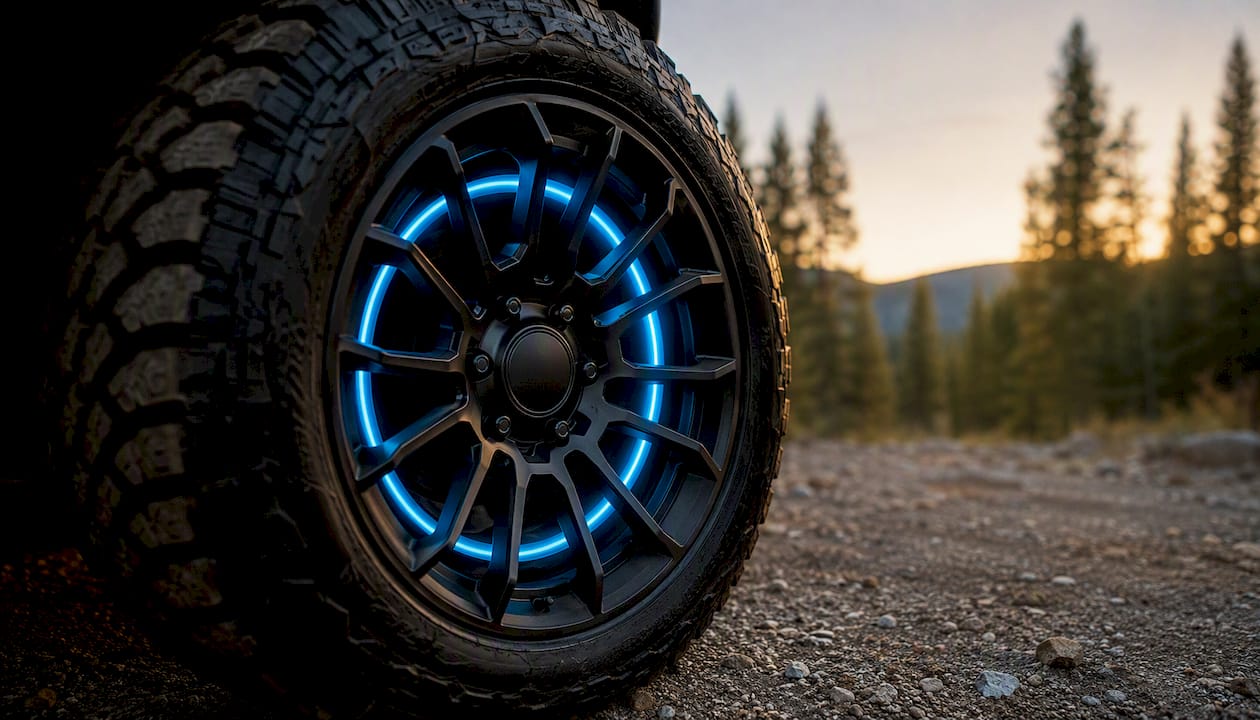 Glowing wheel ring behind truck wheel spokes