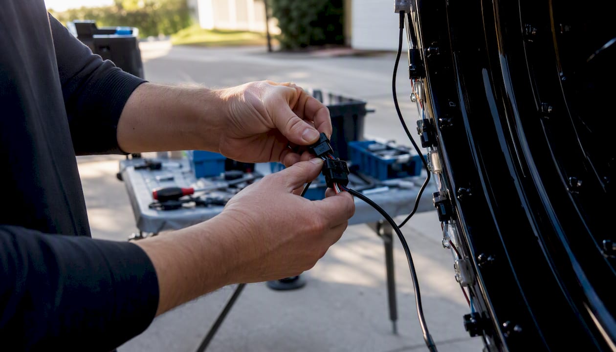 Hands checking wheel light harness connections