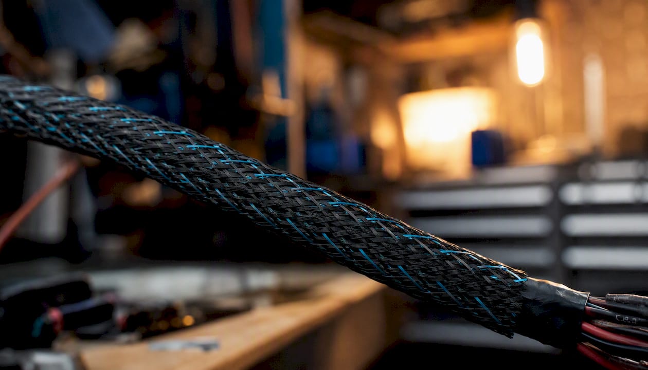 Close-up of braided wire sleeving texture