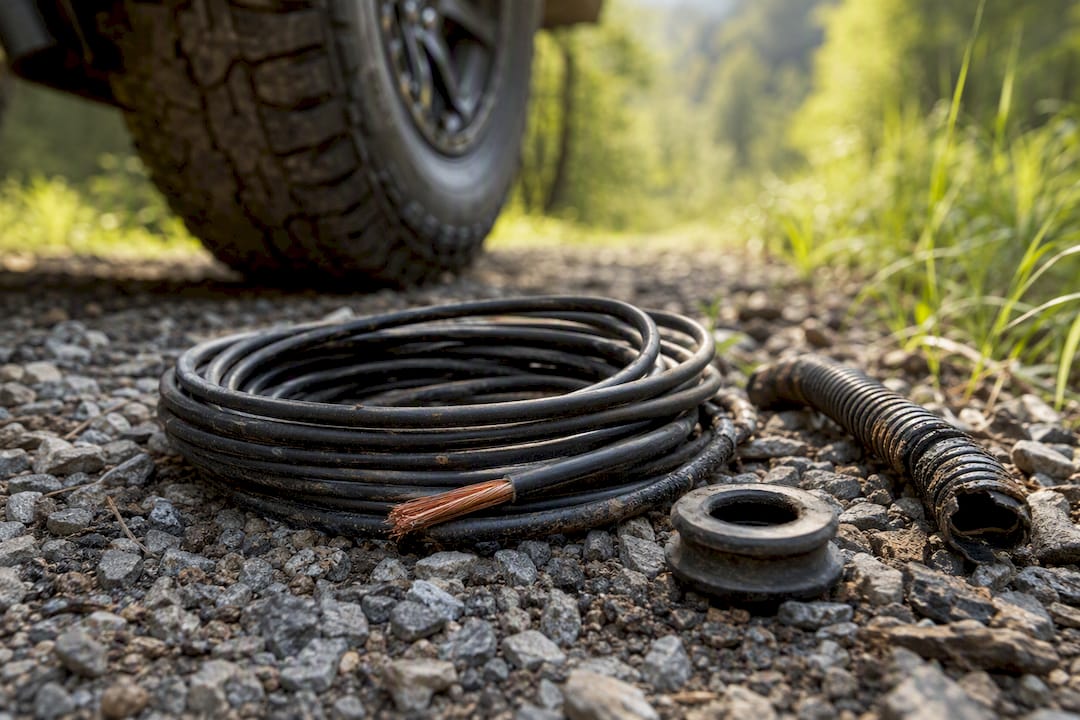 Coiled stranded copper wire on off-road trail