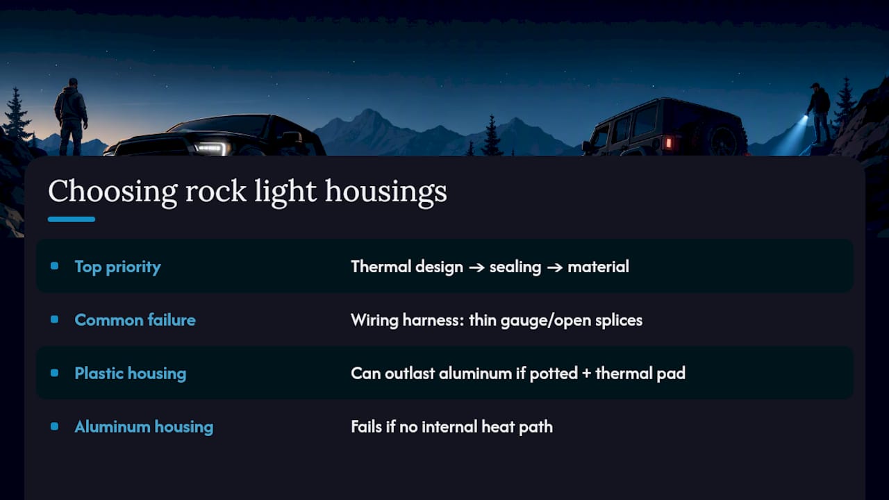 Diagram comparing thermal designs and durability of rock light housings