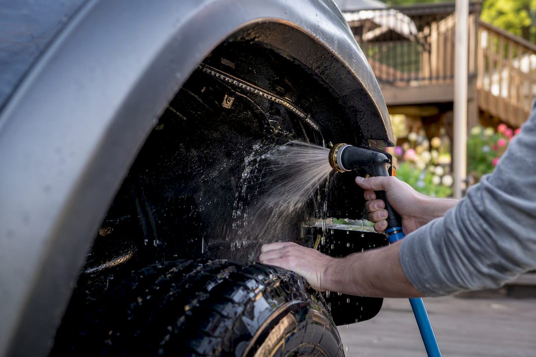 Rinsing wheel well LED lights with garden hose