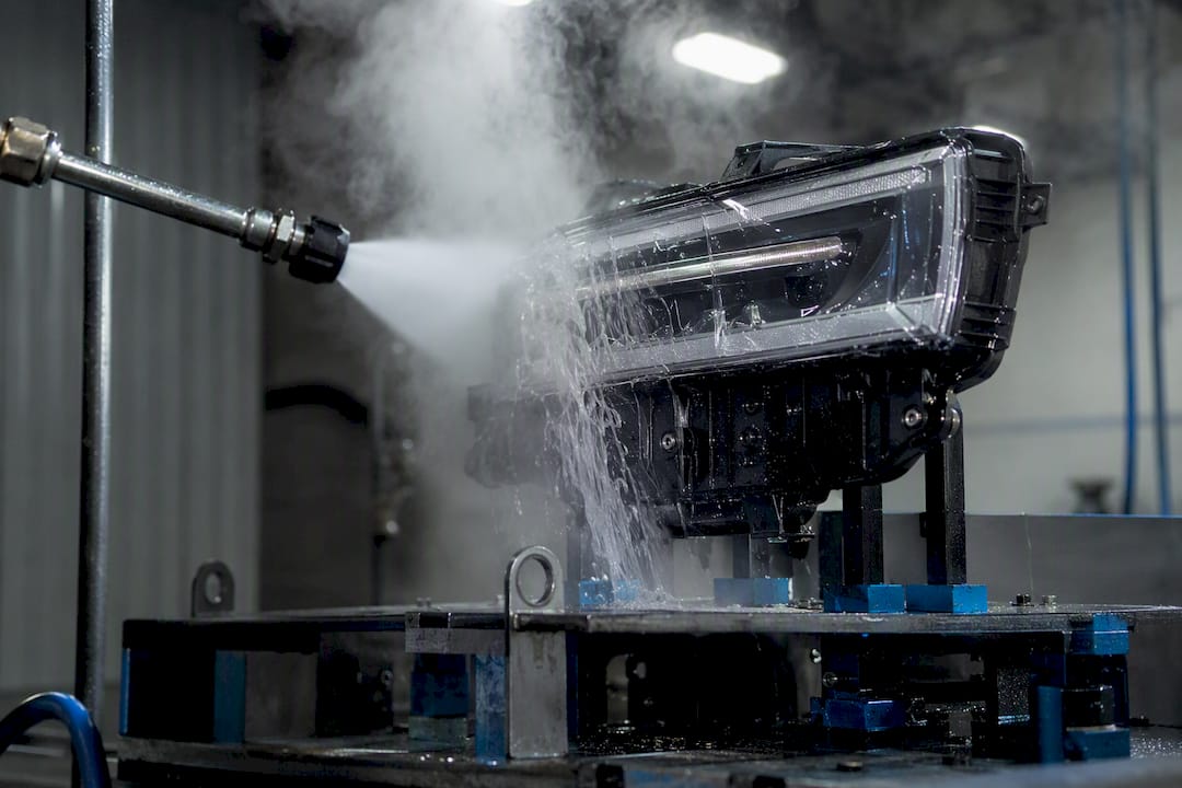Hot high-pressure water spray hitting LED light housing