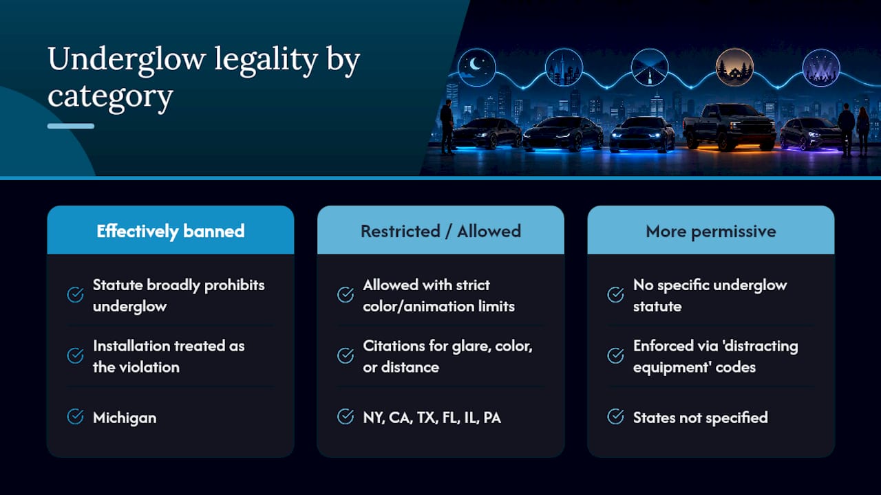 Underglow Laws by State: Where It's Banned, Restricted, or Allowed — overview diagram
