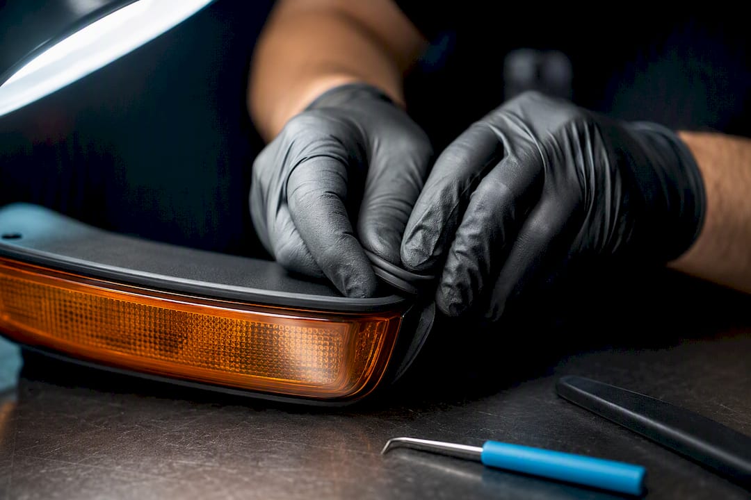 Technician fitting gasket into marker housing