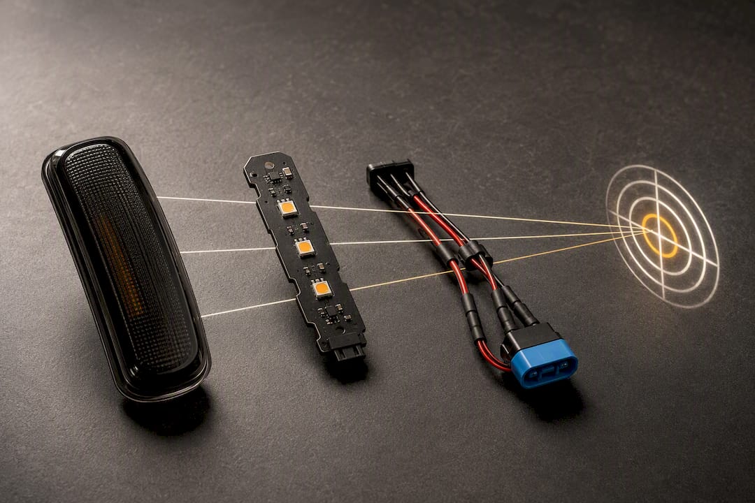 Lens, LED board, and harness aligned for output