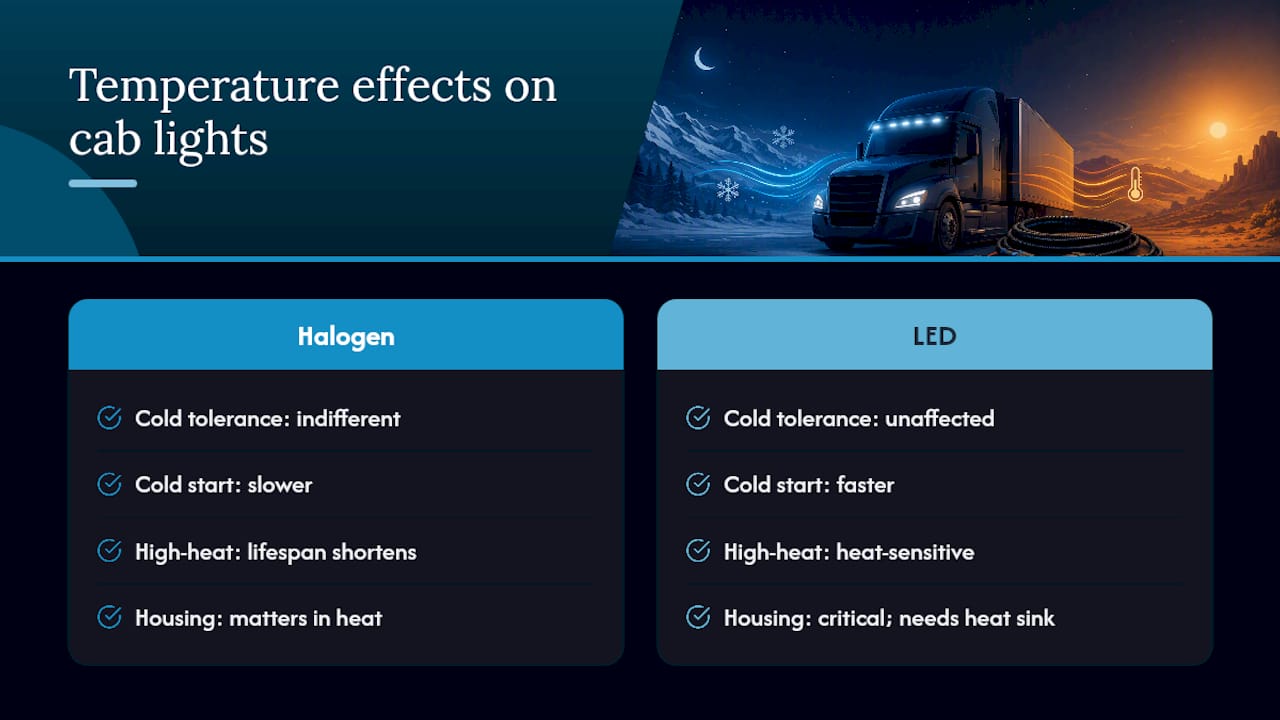 How Heat and Cold Affect LED and Halogen Cab Lights — overview diagram