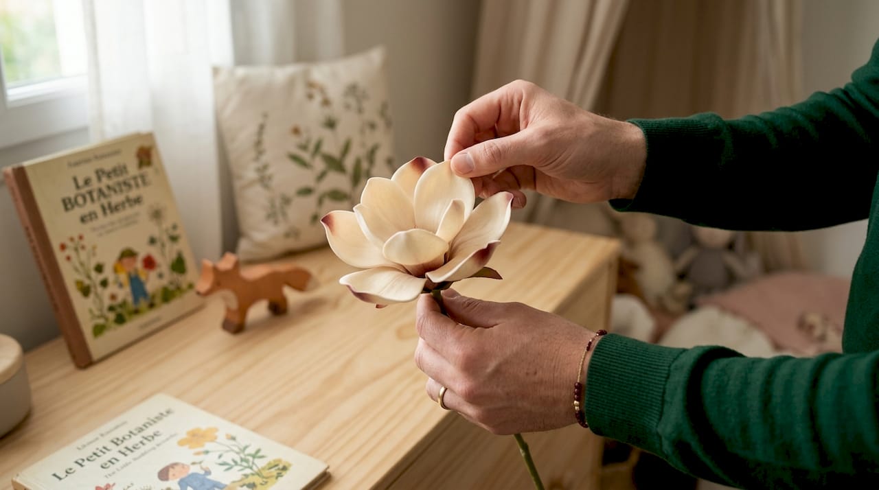 Des mains examinent la douceur d’une fleur artificielle en forme de pétale.