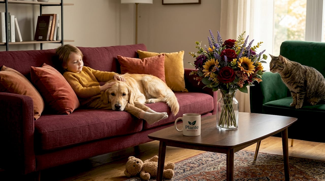 Un salon chaleureux où la famille se retrouve, décoré de jolies fleurs artificielles, pendant que le chien et le chat se prélassent tranquillement.