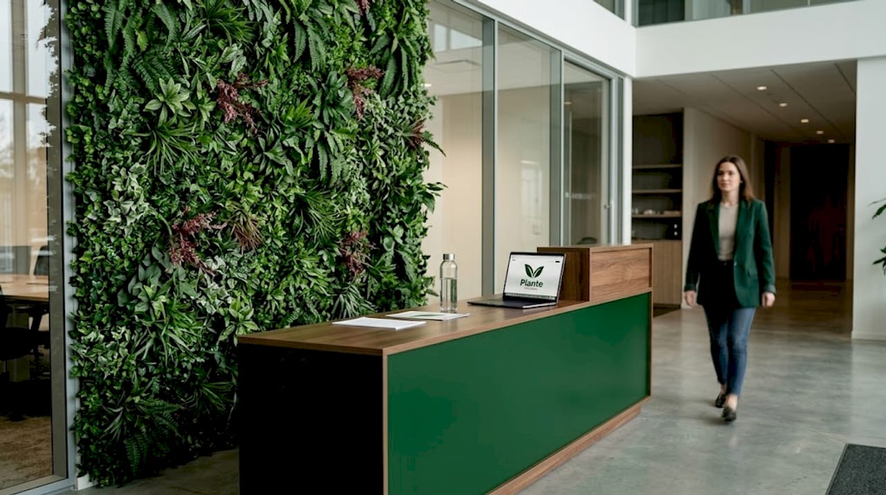 Un mur végétal artificiel apporte une touche de verdure à l’accueil de nos bureaux.