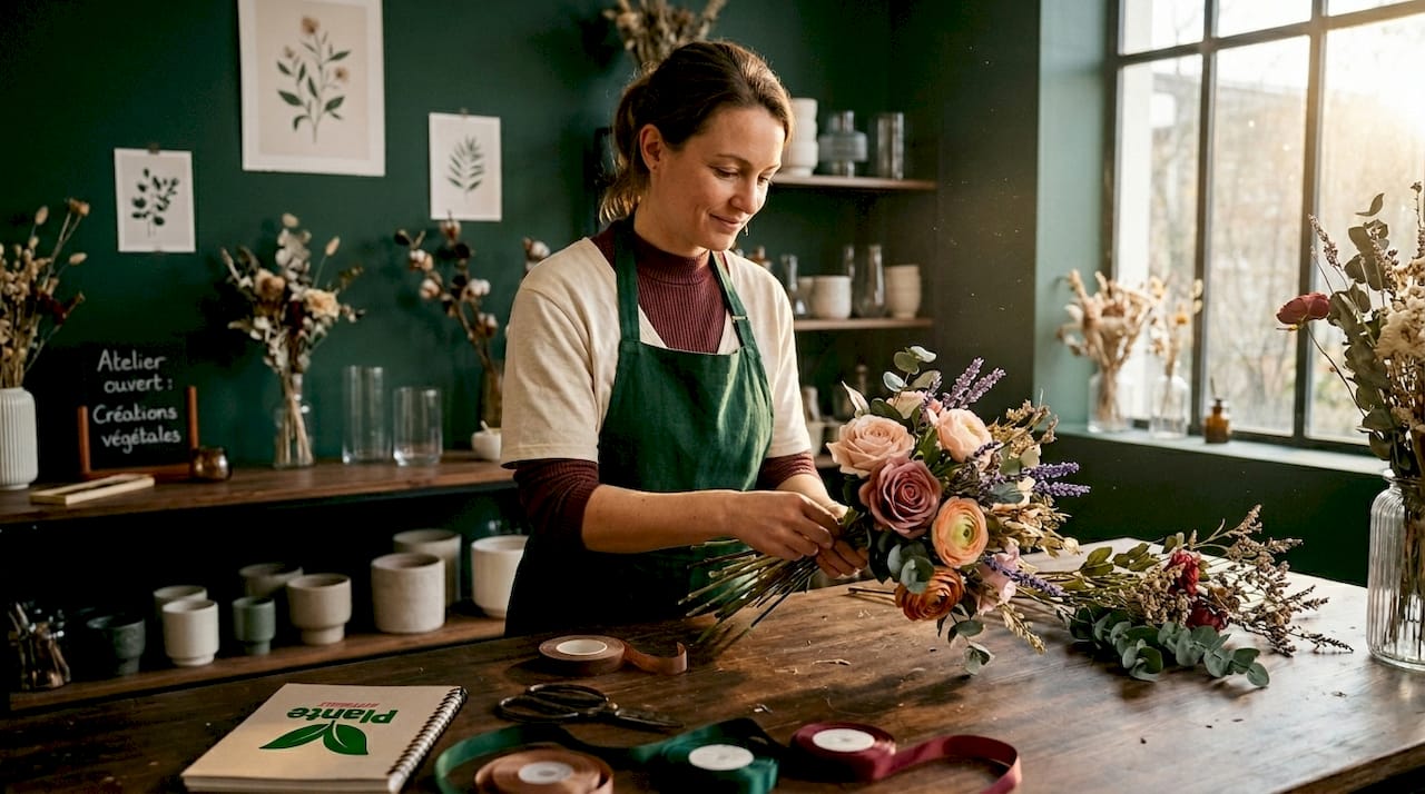 Un artisan fleuriste crée un bouquet de fleurs artificielles plus vraies que nature.