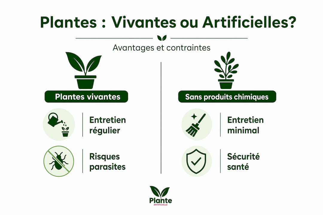 Infographie : comparaison entre plantes naturelles et plantes artificielles en bonne santé