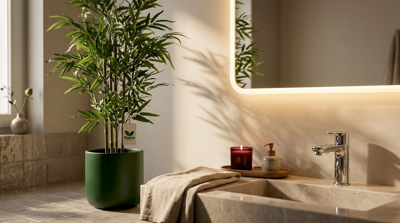 Pour apporter une touche de verdure et de chaleur à cette salle de bain sans fenêtre, j’ai opté pour des bambous artificiels. Cela crée une ambiance cocooning tout en restant facile à entretenir.