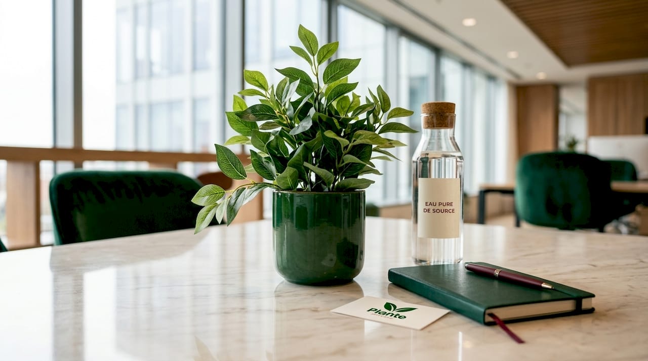 Une plante décorative en soie et en plastique trône sur la table, apportant une touche de verdure sans entretien.