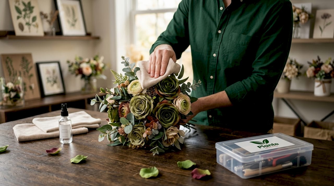 Des mains examinent minutieusement un bouquet de fleurs artificielles.