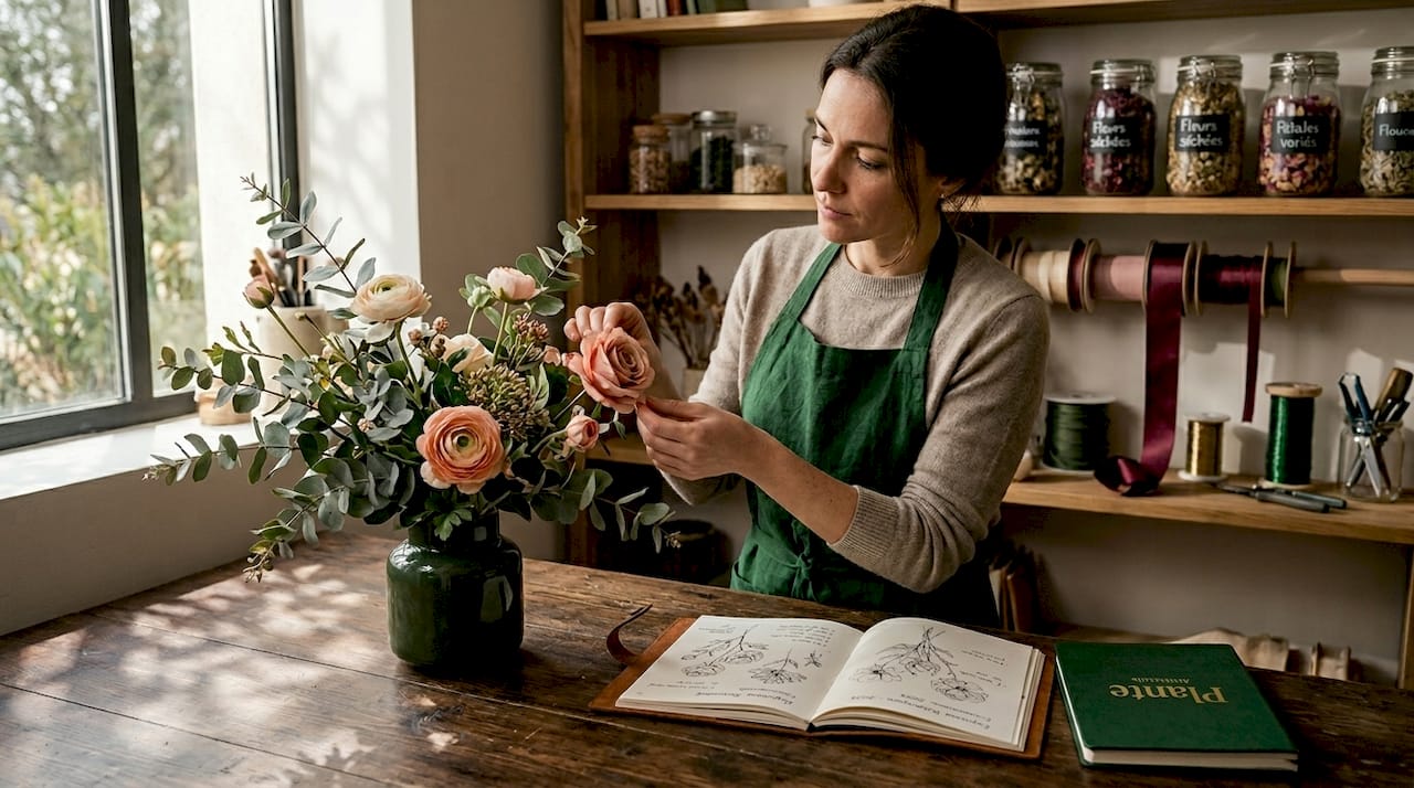Initiation à l’art floral avec des fleurs artificielles, animée par une professionnelle du métier.