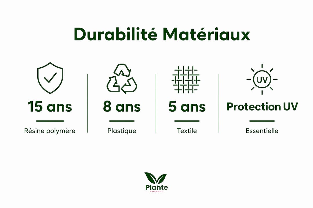 Découvrez en un coup d’œil la longévité et la résistance des matériaux utilisés pour les plantes artificielles grâce à notre infographie dédiée.