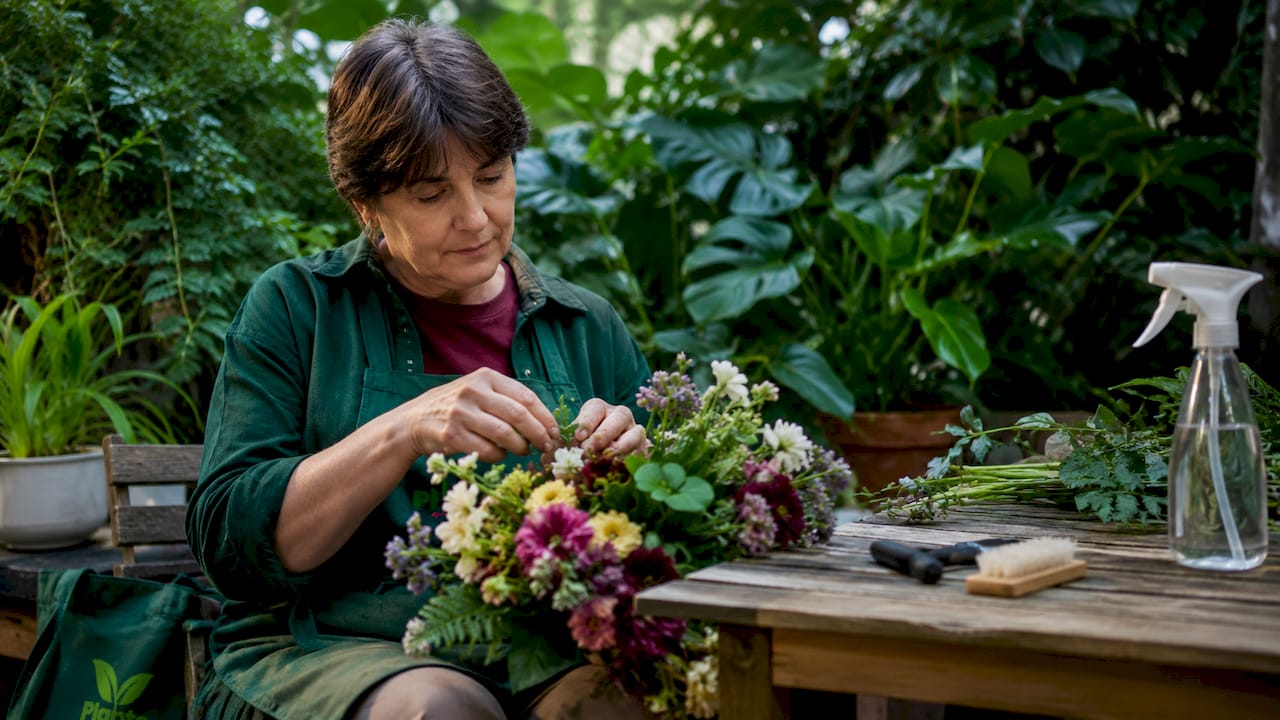 Aucune personne ne démonte la composition florale artificielle.