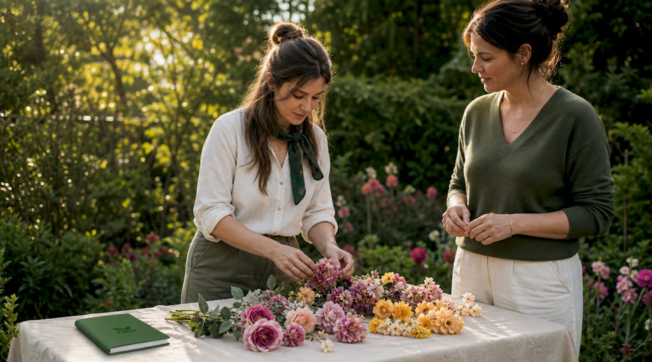 Une femme parcourt un atelier, prenant le temps de sélectionner avec soin des fleurs artificielles hautes en couleur.