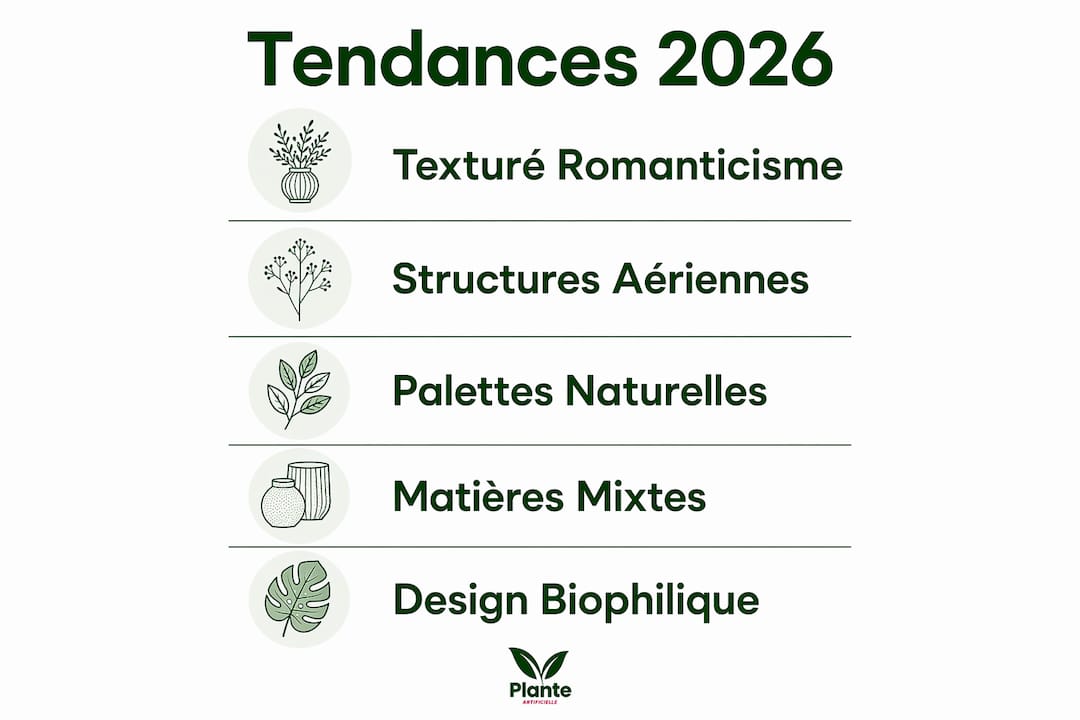 Découvrez en un coup d'œil les grandes tendances à venir en 2026 dans l'univers des fleurs artificielles grâce à notre infographie exclusive.