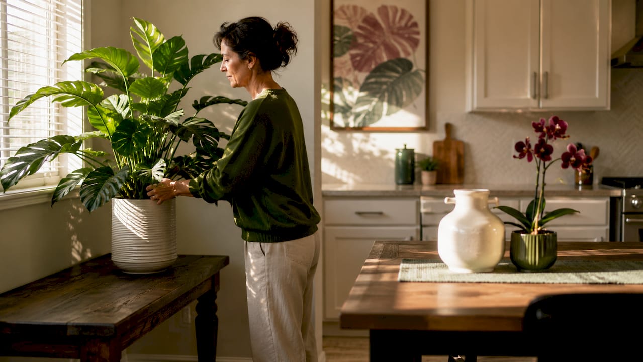 Une femme installe une plante artificielle pour décorer son salon.