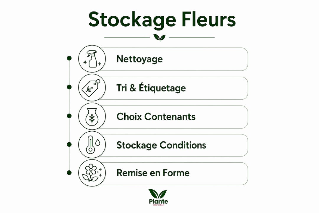 Découvrez en un coup d’œil les différentes étapes essentielles pour bien conserver vos fleurs artificielles grâce à notre infographie détaillée.