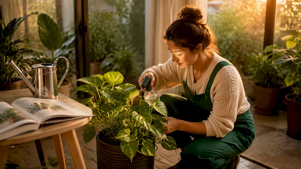 Une personne prend soin de sa plante verte dans le salon en l’arrosant.