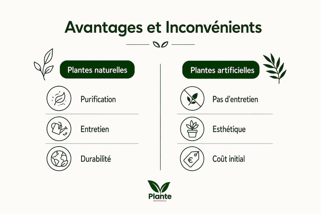 Infographie : le match entre plantes naturelles et plantes artificielles – points forts et points faibles
