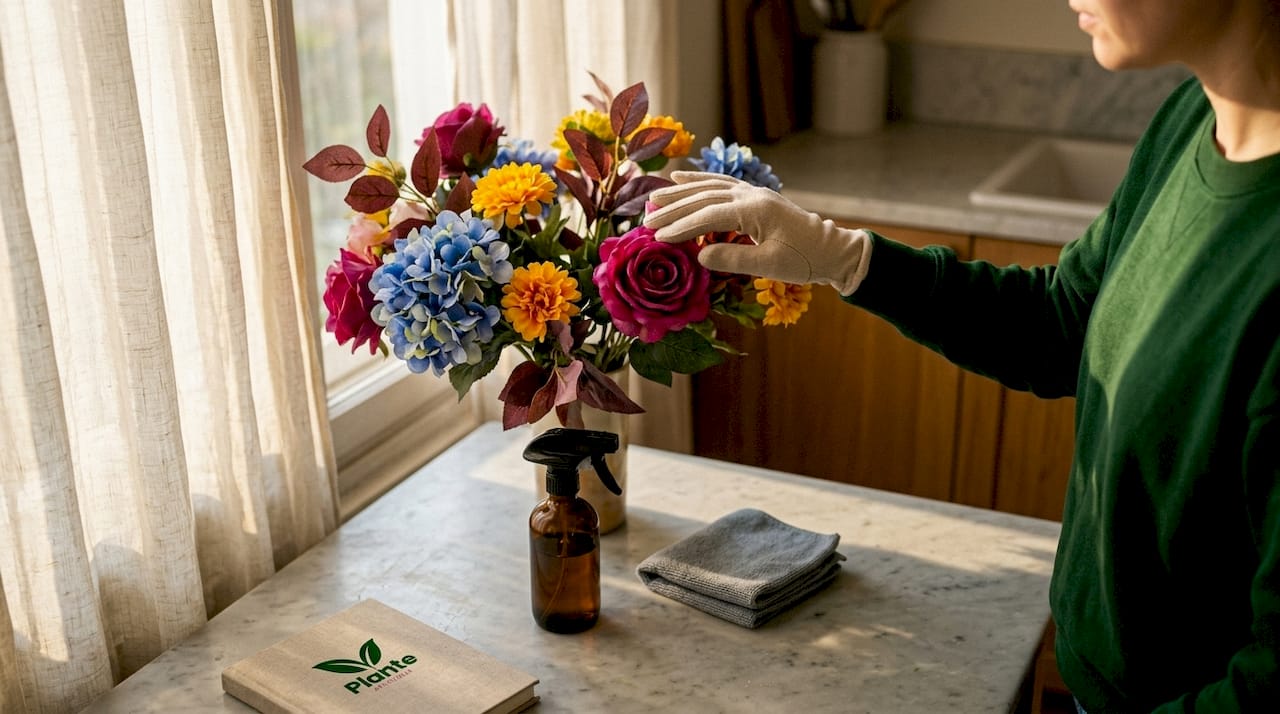 Avec des gants, je dépoussière délicatement des fleurs en tissu pour leur redonner tout leur éclat.