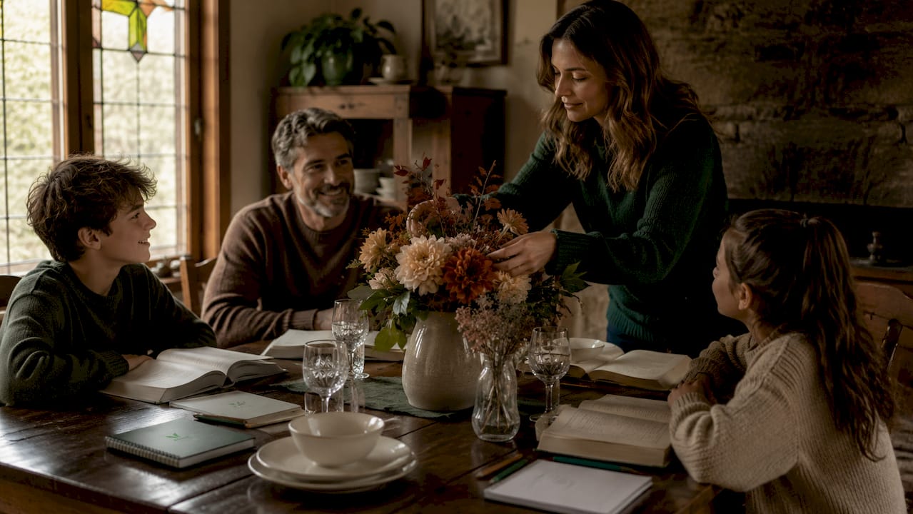 Une famille réunie autour d'une table joliment décorée de fleurs artificielles.