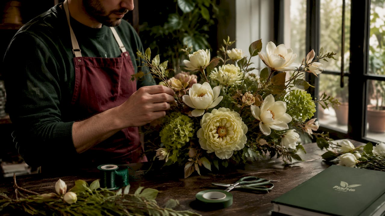 Des mains s'affairent à composer un joli bouquet printanier, mêlant avec soin fleurs fraîches et couleurs éclatantes.