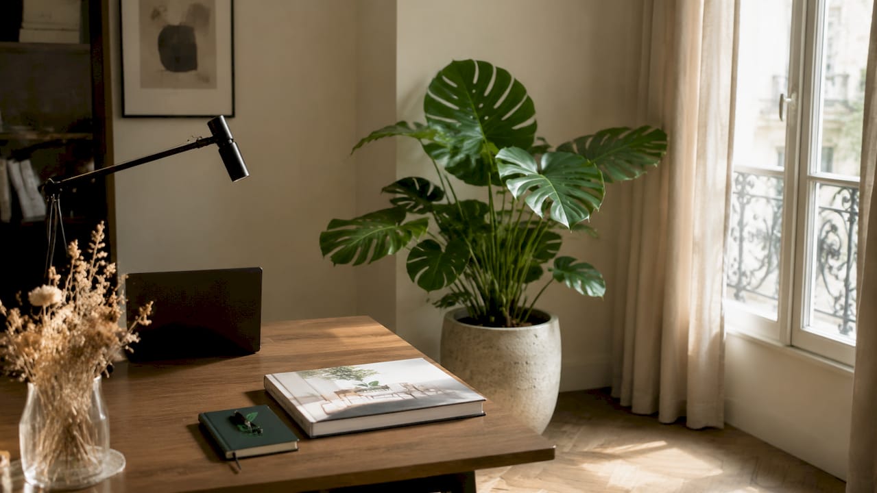Un faux ficus apporte une touche de verdure à la salle de réunion, sans les contraintes d’entretien.