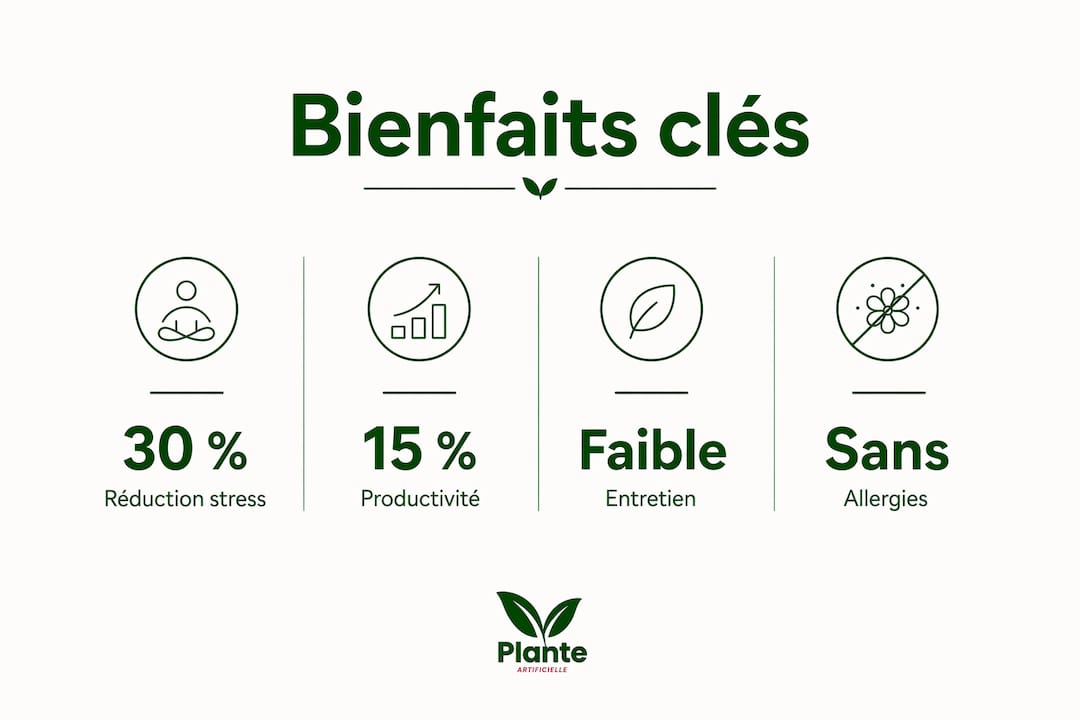 Visuel mettant en avant les atouts des plantes artificielles pour aménager son espace de travail