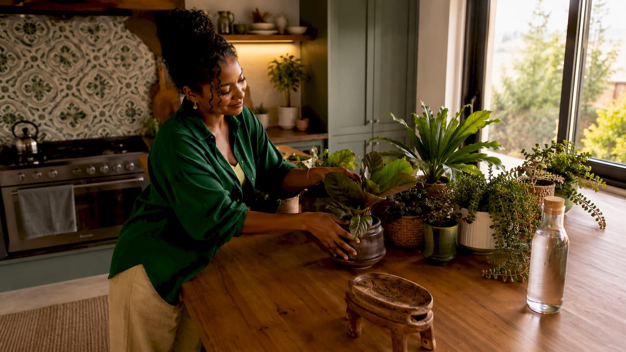 Une femme en train de disposer harmonieusement des plantes, mêlant variétés naturelles et artificielles.